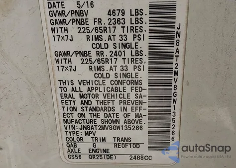 2016 Nissan Rogue Sv z USA, uszkodzony, nr VIN JN8AT2MV8GW135266